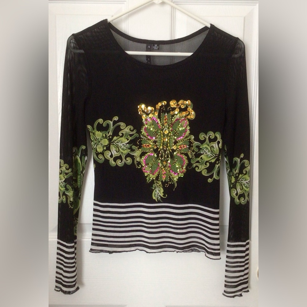 A Z I Shirt Long Sleeved Stretchy Black Green Sequins Beads Bling